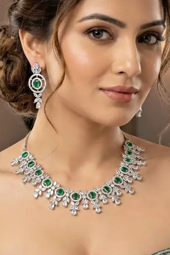 Silver green ad necklace set with earrings for office party wedding