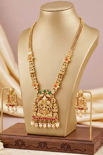Lucky jewellery gold-plated ganesh laxmi ruby & green color temple necklace set