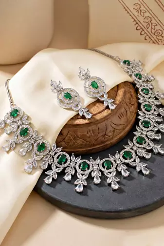 Silver green ad necklace set with earrings for office party wedding