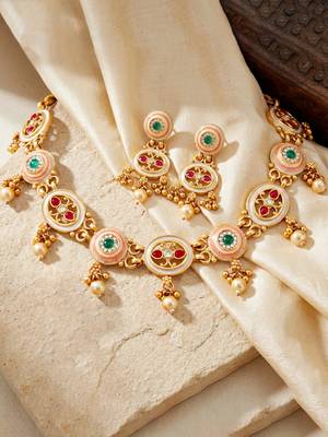 Lucky jewellery gold-plated meenakari red & green stone necklace set 4