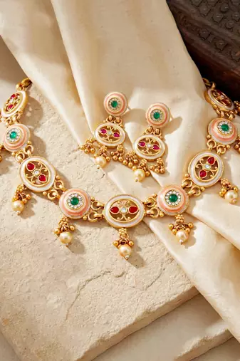 Lucky jewellery gold-plated meenakari red & green stone necklace set
