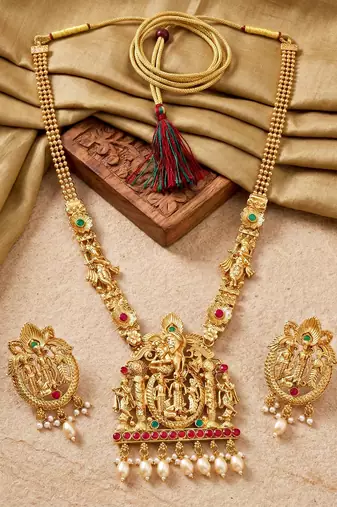 Lucky jewellery 18k gold-plated ram parivar ruby & green color necklace set