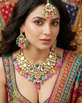 18 kt gold plated multi color kundan bridal & semi-bridal necklace set 1