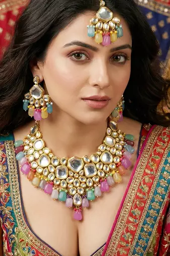 18 kt gold plated multi color kundan bridal & semi-bridal necklace set