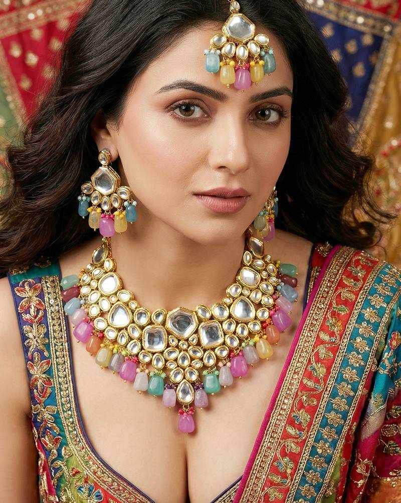 18 kt gold plated multi color kundan bridal & semi-bridal necklace set