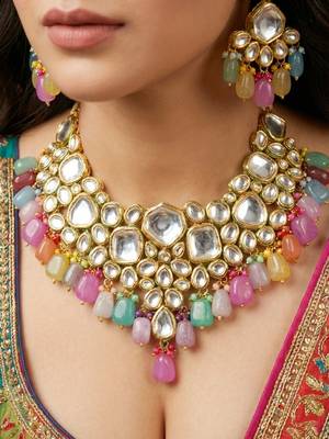 18 kt gold plated multi color kundan bridal & semi-bridal necklace set 2