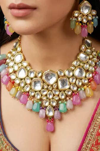 18 kt gold plated multi color kundan bridal & semi-bridal necklace set