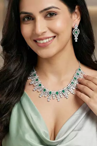 Silver green ad necklace set with earrings for office party wedding