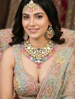 18 kt gold plated multi color kundan bridal & semi-bridal necklace set 3