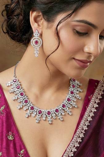 Silver ruby red ad necklace set with earrings for office party wedding