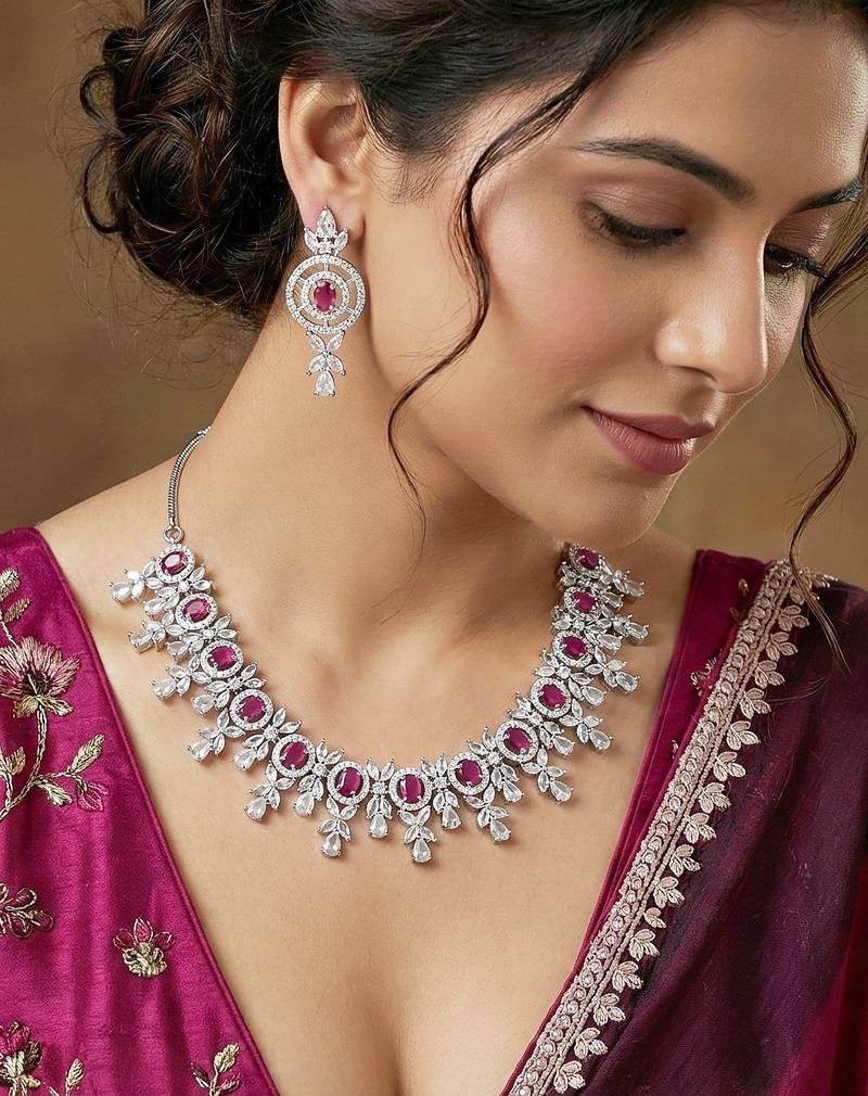 Silver ruby red ad necklace set with earrings for office party wedding
