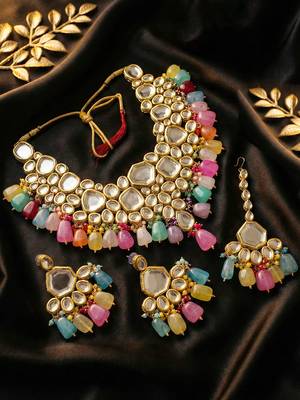 18 kt gold plated multi color kundan bridal & semi-bridal necklace set 4