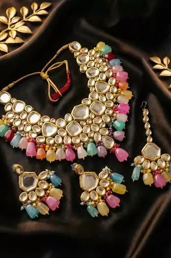 18 kt gold plated multi color kundan bridal & semi-bridal necklace set