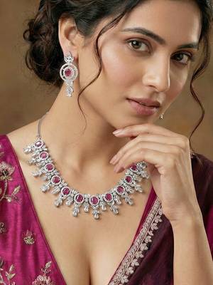 Silver ruby red ad necklace set with earrings for office party wedding 2