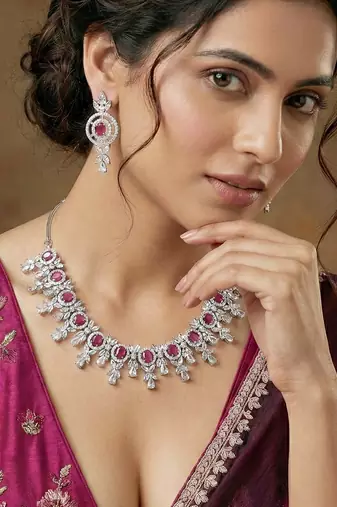 Silver ruby red ad necklace set with earrings for office party wedding