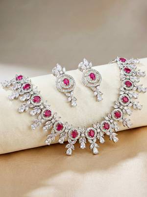 Silver ruby red ad necklace set with earrings for office party wedding 3