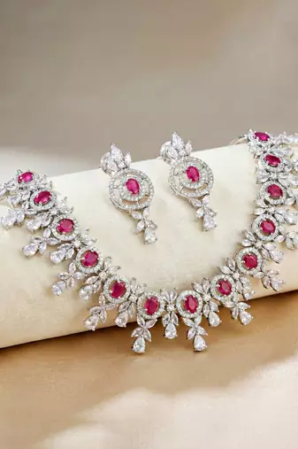 Silver ruby red ad necklace set with earrings for office party wedding