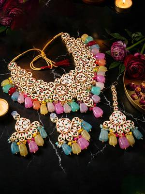 18 kt gold plated multi color kundan bridal & semi-bridal necklace set 5