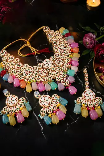 18 kt gold plated multi color kundan bridal & semi-bridal necklace set