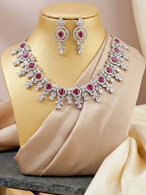Silver ruby red ad necklace set with earrings for office party wedding 4