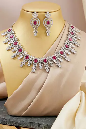 Silver ruby red ad necklace set with earrings for office party wedding