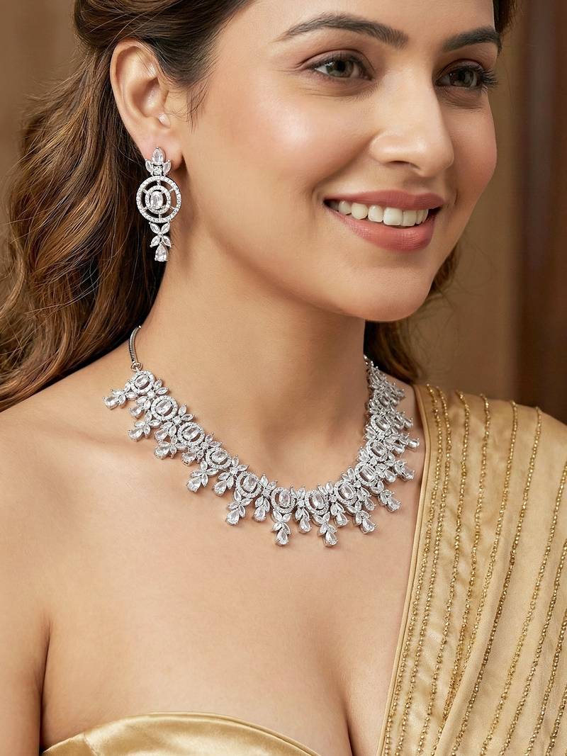 Silver white ad necklace set with earrings for office party wedding