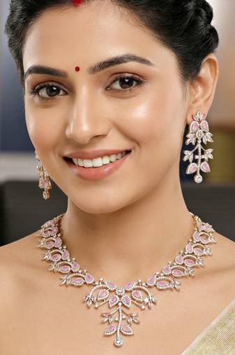 Silver pink ad necklace set with earrings for office party wedding