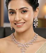 Silver pink ad necklace set with earrings for office party wedding