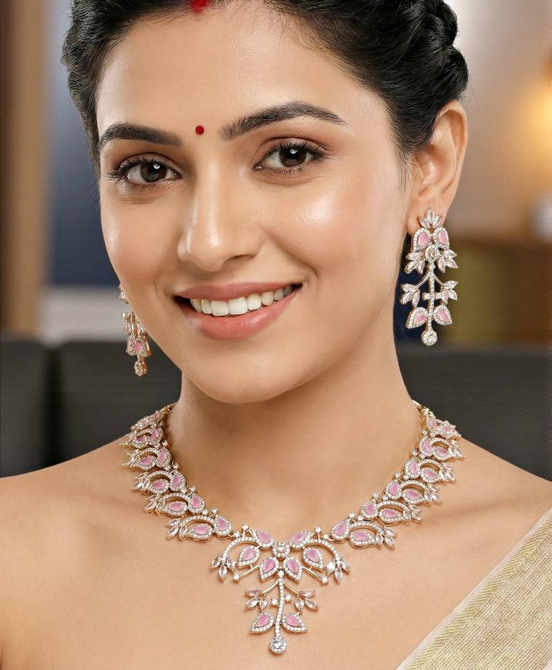 Silver pink ad necklace set with earrings for office party wedding