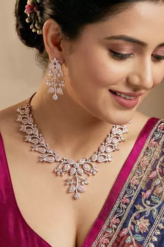 Silver pink ad necklace set with earrings for office party wedding