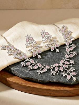 Silver pink ad necklace set with earrings for office party wedding 3