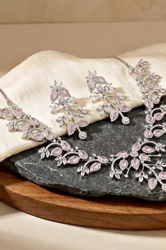 Silver pink ad necklace set with earrings for office party wedding