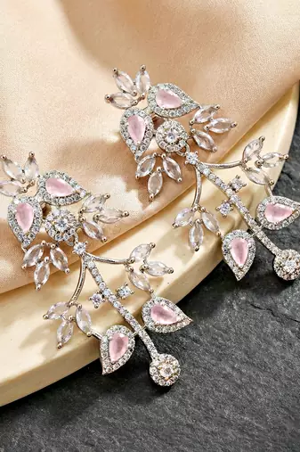 Silver pink ad necklace set with earrings for office party wedding
