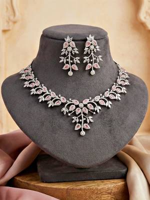 Silver pink ad necklace set with earrings for office party wedding 5