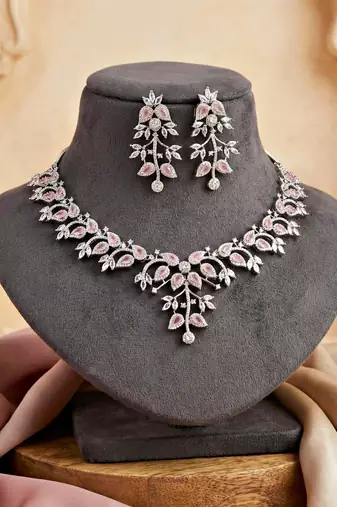 Silver pink ad necklace set with earrings for office party wedding
