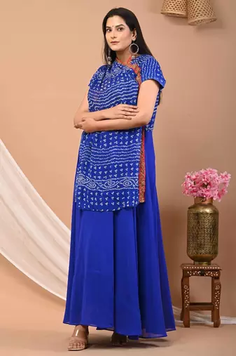 Blue bandhej georgette dress