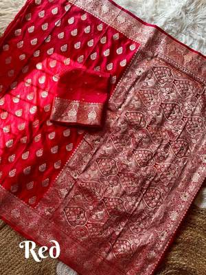 Red Color hand work khatli cutdana on pallu art silk saree 5