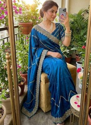 Blue Color embroidery sequence work art silk saree 1