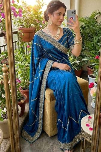 Blue Color embroidery sequence work Silk Saree