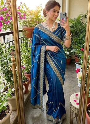 Blue Color embroidery sequence work art silk saree 2