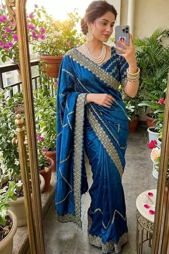 Blue Color embroidery sequence work art silk saree