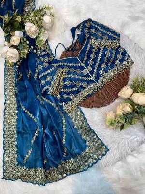 Blue Color embroidery sequence work art silk saree 4