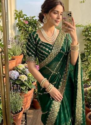Green Color embroidery sequence work art silk saree 2