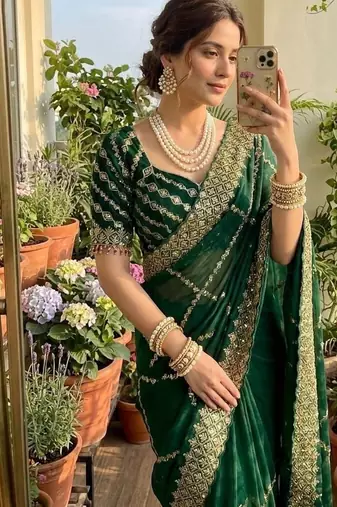 Green Color embroidery sequence work art silk saree