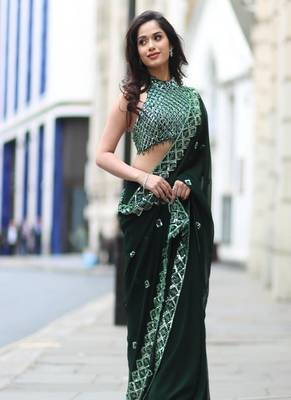 Green Color embroidery sequence work art silk saree 1
