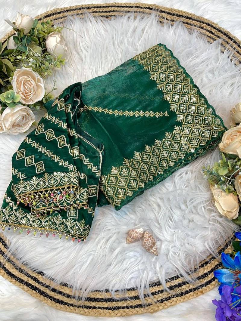 Green Color embroidery sequence work Silk Saree