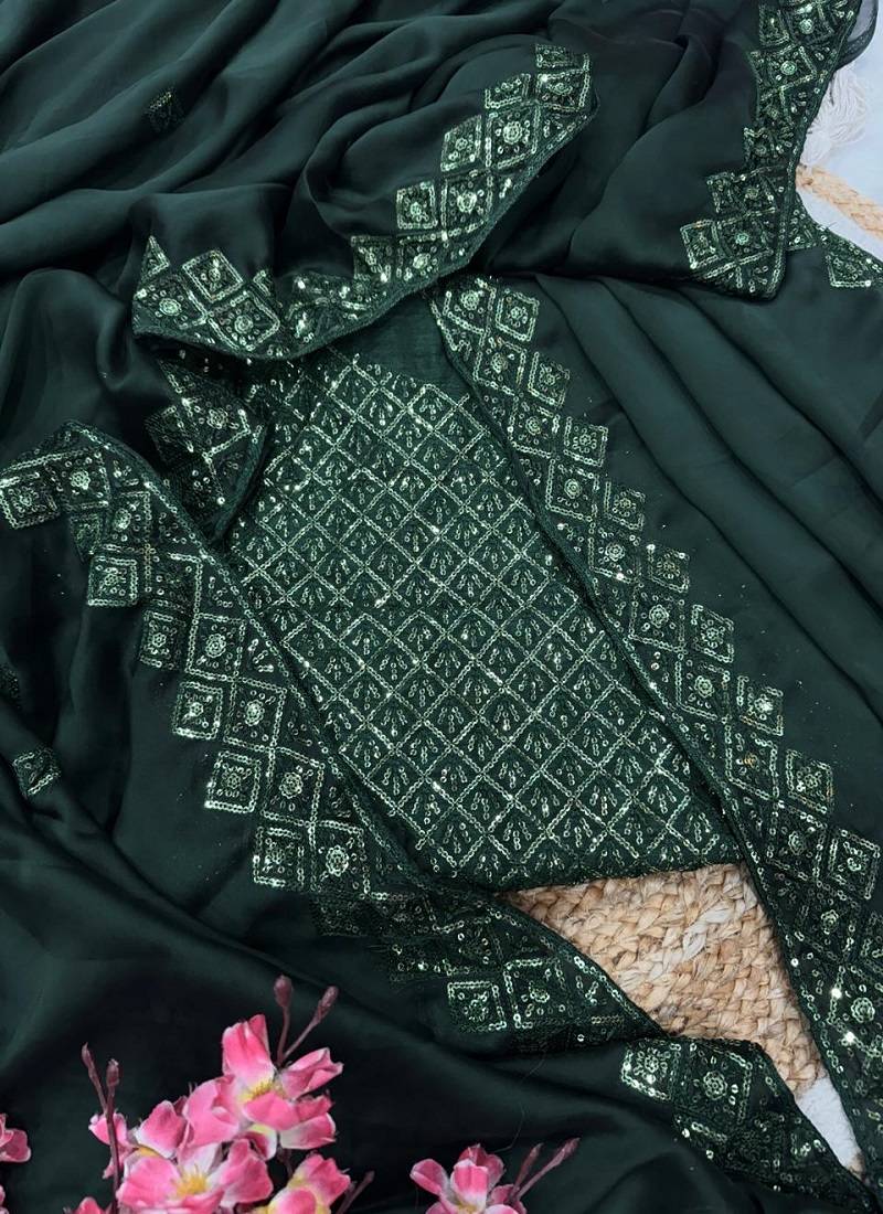 Green Color embroidery sequence work art silk saree