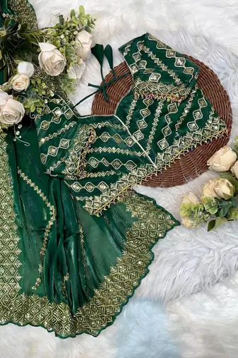 Green Color embroidery sequence work art silk saree