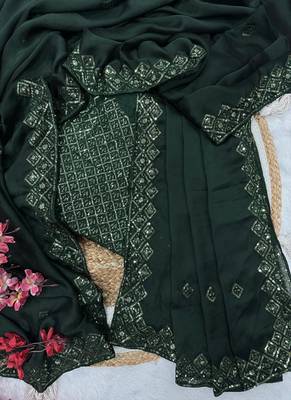 Green Color embroidery sequence work art silk saree 4