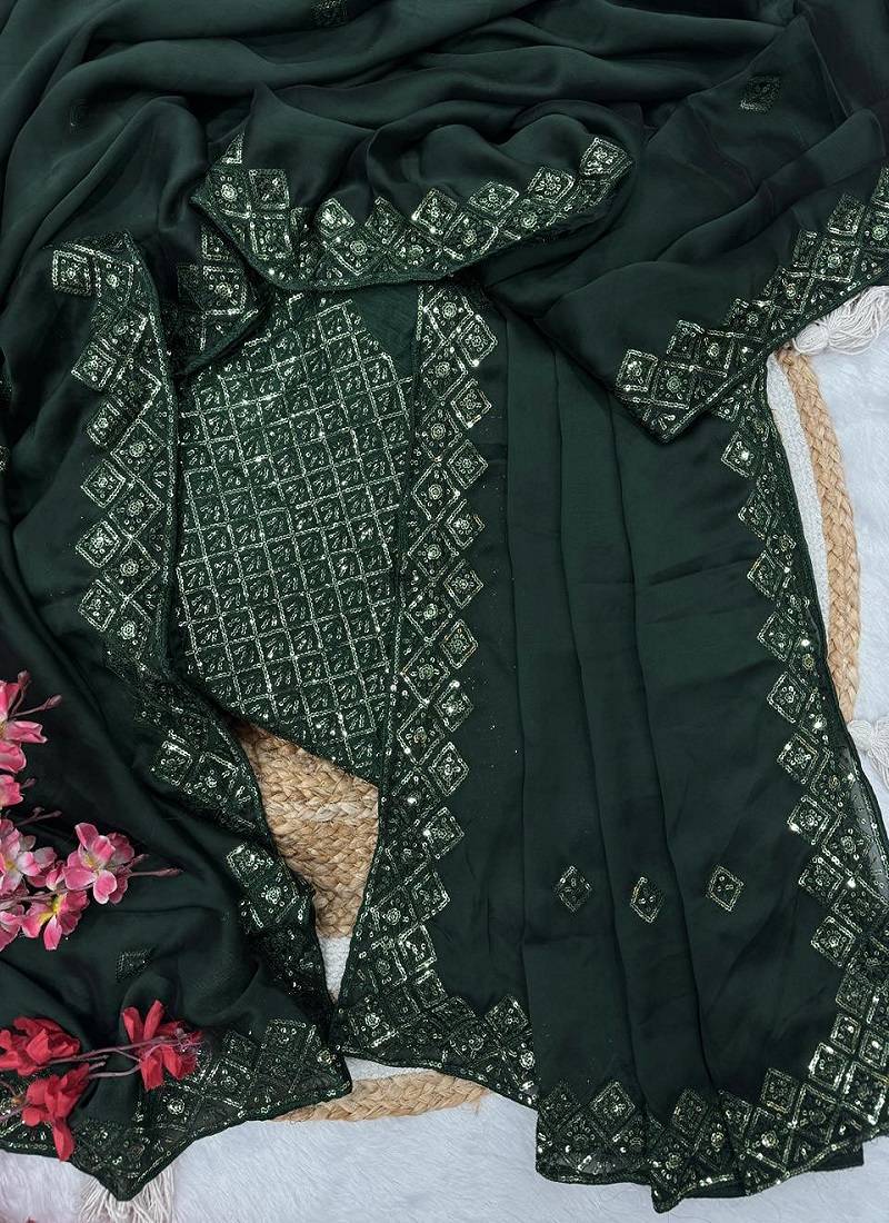 Green Color embroidery sequence work art silk saree